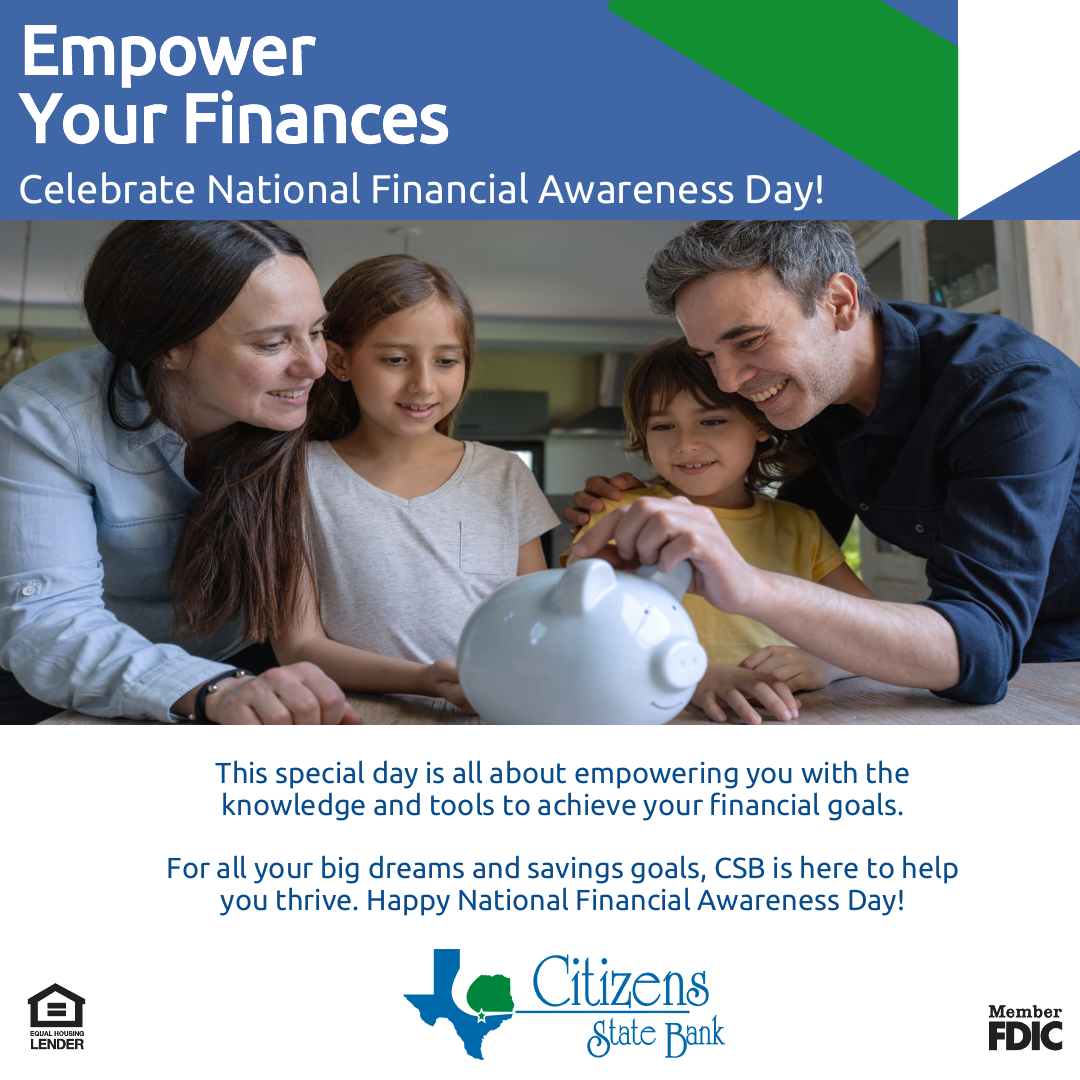 National financial awareness day promotion, featuring a family huddled together putting money in a piggy bank.