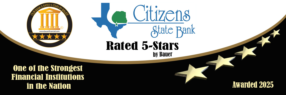 Banner showing Citizens State Bank awarded Bauer 5-star rating in 2025.